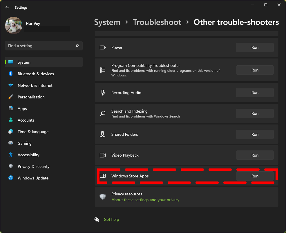 WIndows store troubleshooter