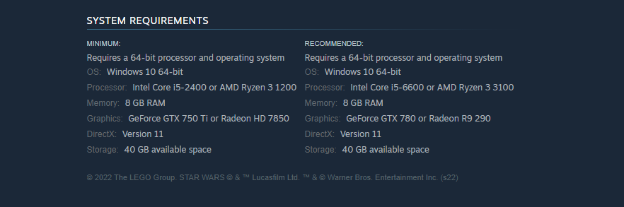 LEGO Star Wars: The Skywalker Saga System Requirements