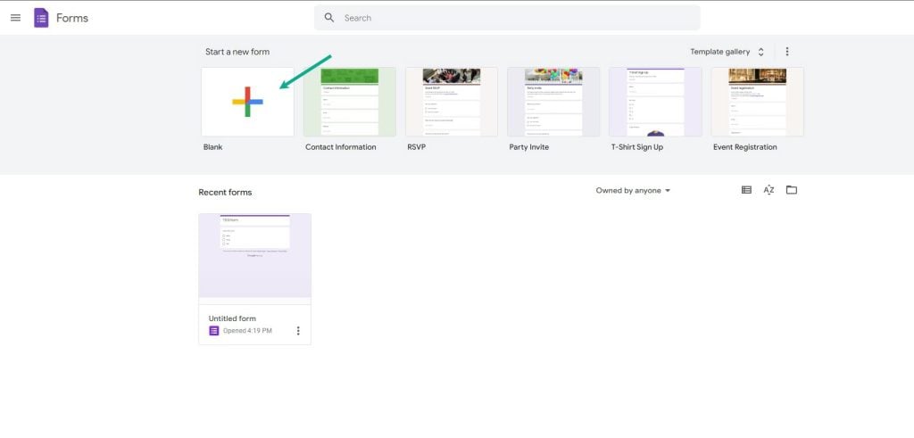 Step 2: Click Blank. This will let you create a google forms.