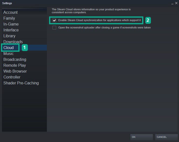 On the Setting window, Select Cloud then check enable steam cloud synchronization for applications which support it