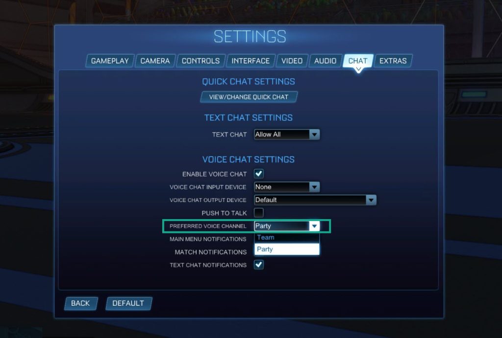 Step 3: On the Voice chat settings, Select the dropdown Preferred Voice Chanel then choose Team or Party chat when playing rocket league.