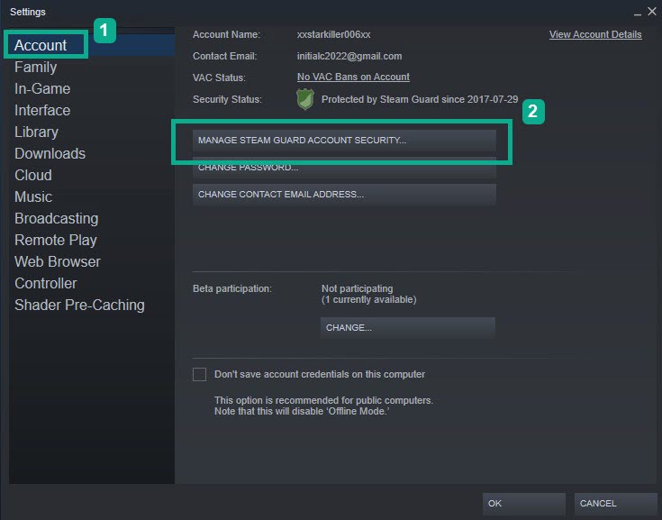 On the settings window, click Account tab then click Manage Steam Guard Account security