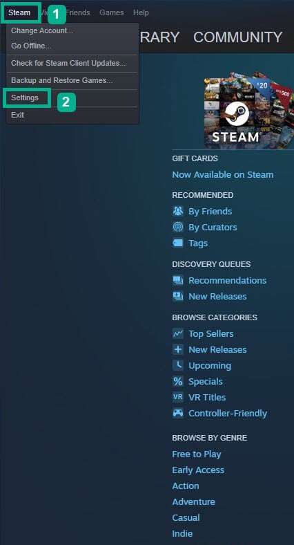On your Steam account, click Steam then click settings