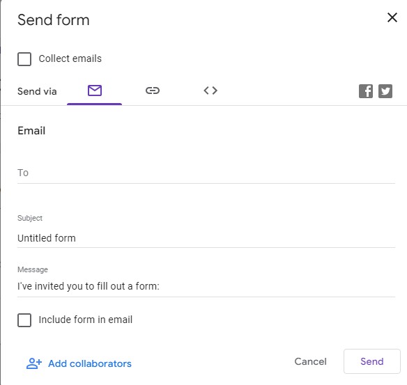 Step 4: Send the google forms to respondents. This will send the forms to respondents either via email, link or embed in your site