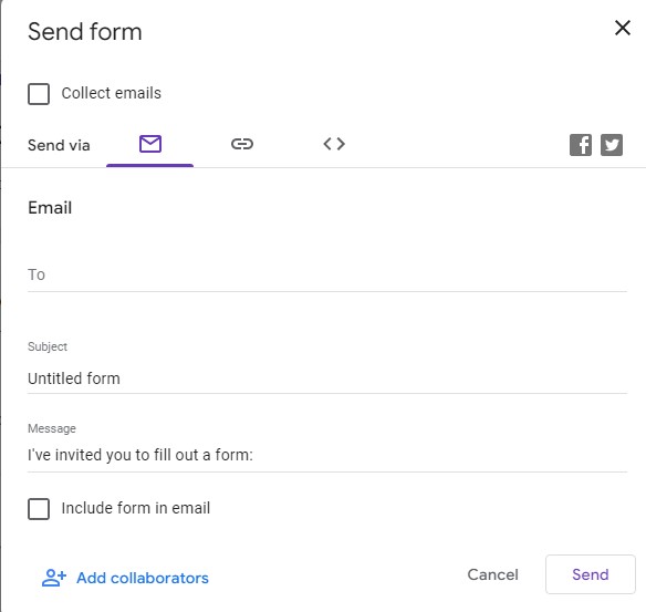 Step 4: Send the google forms to respondents. This will send the google forms to respondents either via email, link or embed in your site.