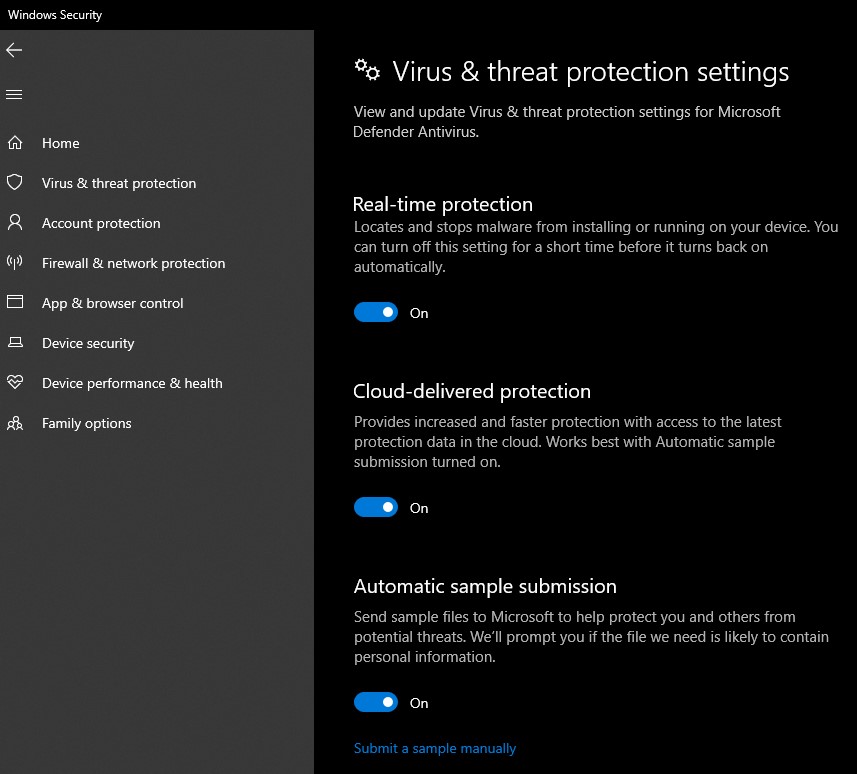 Turning off Antivirus program threat protection settings
