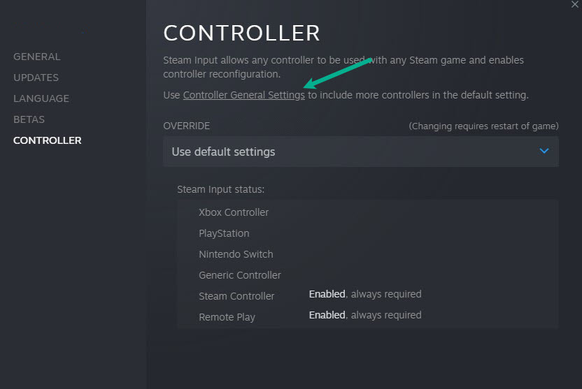Step 5: Click the controller general settings in the controller tab to enable PlayStation configuration support, Xbox configuration support or other controller supports.