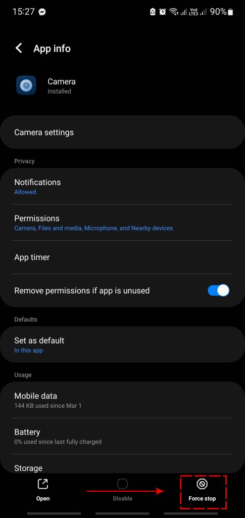 Force Stop Camera app