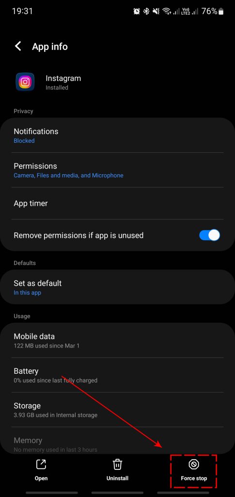 Force Stop Instagram