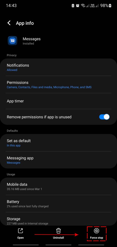 Force Stop MEssages app