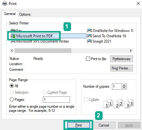 Step 3: Make sure Microsoft print to pdf is selected then choose print to save screenshot as pdf.