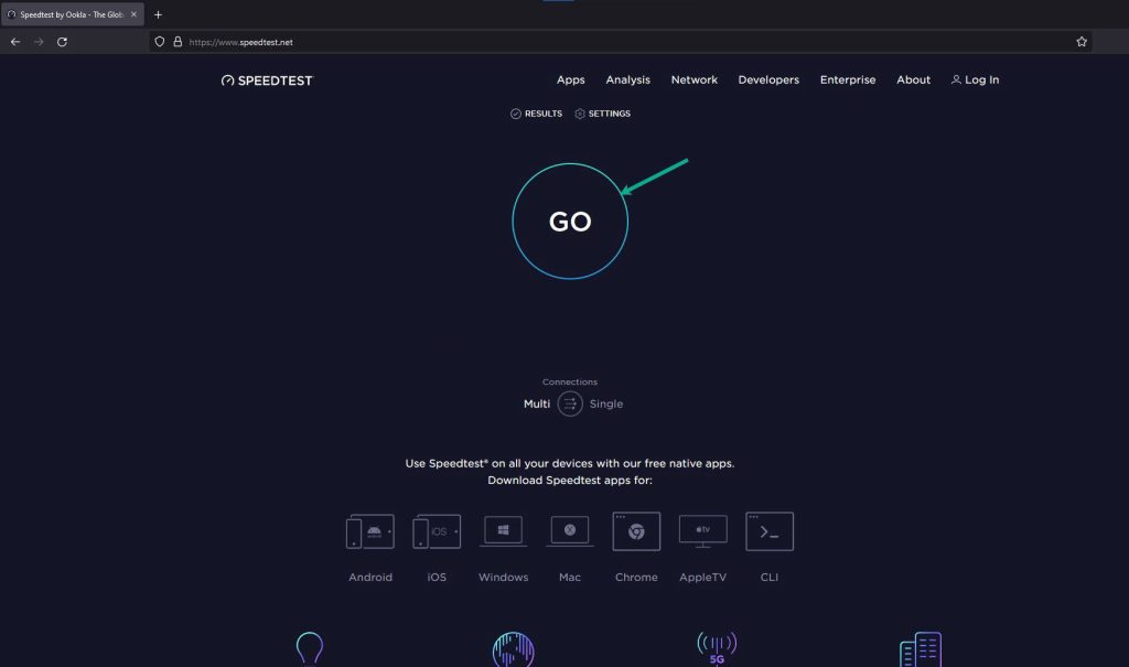 Step 3: Press the Go button. Pressing Go button will start the speed test.