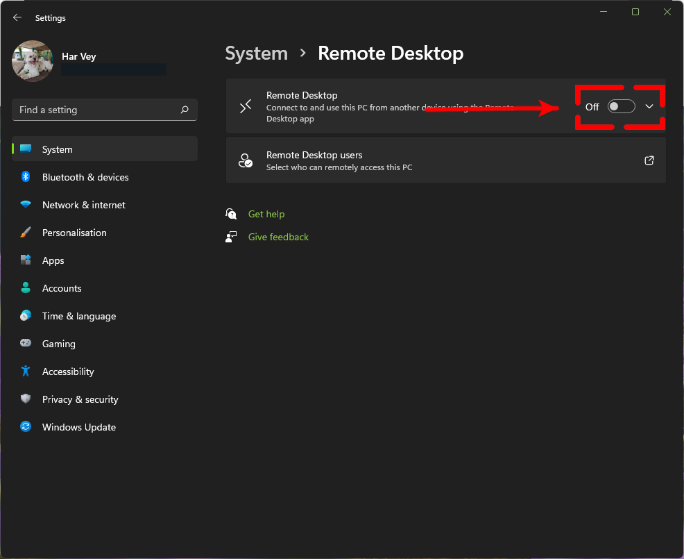 Remote Desktop toggle switch