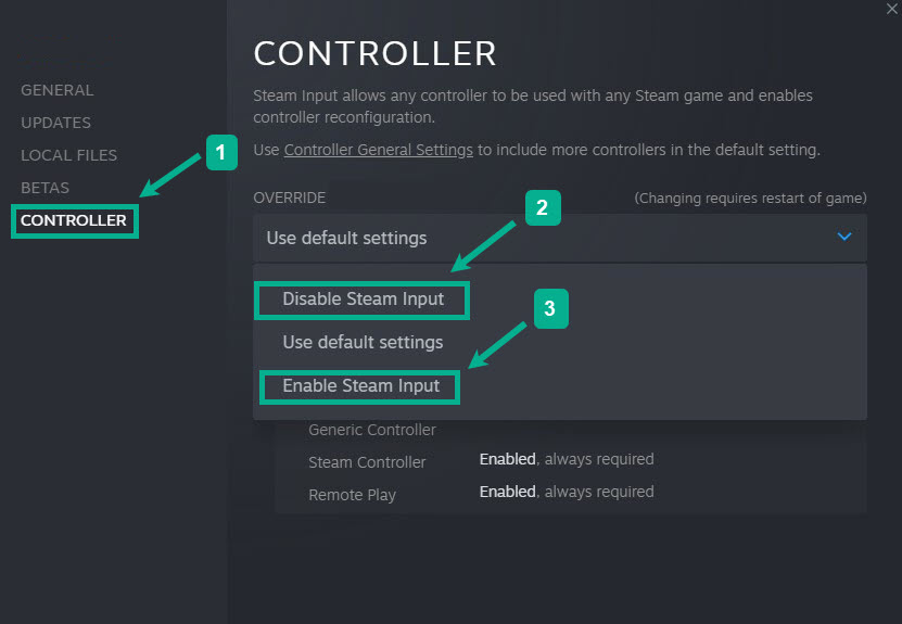 Step 4: Select controller tab then under override click the drop down menu under the word use default settings then select enable steam input.