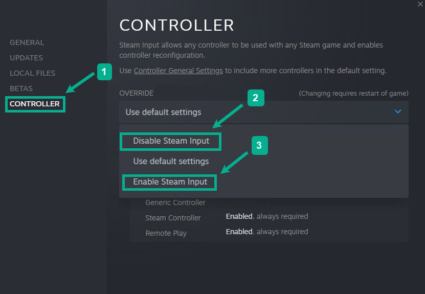 Step 4: Select controller tab then under override click the drop down menu under the word use default settings then select Disable steam input then select Enable Steam input in the Steam controller settings.