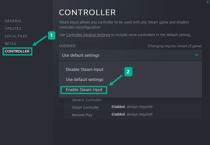 Step 4: Select controller tab then under override click the drop down menu under the word use default settings then select enable steam input. This will enable steam input.