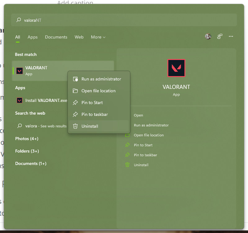 uninstall Valorant start menu
