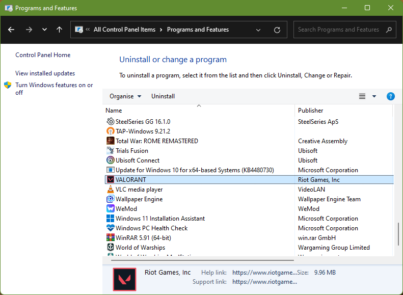 uninstall valorant control panel
