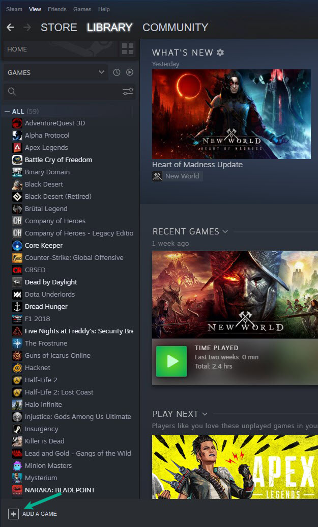 At the lower left of the library tab, select ADD A Game + icon