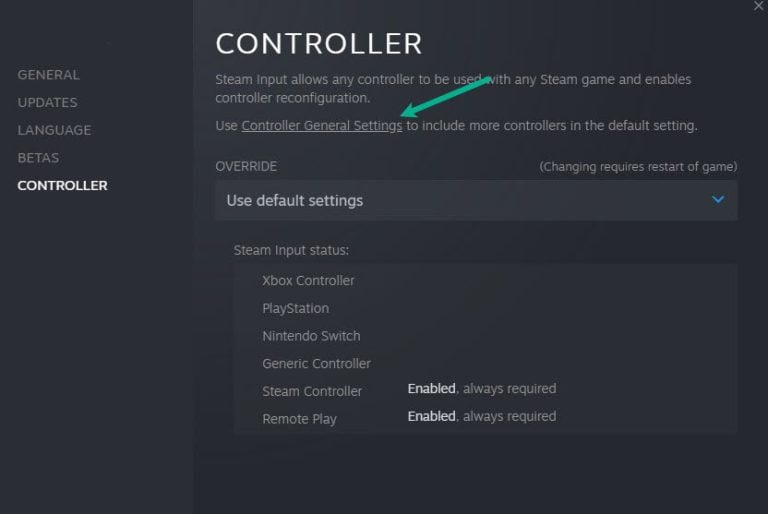 Step 5: Click the controller general settings in the controller tab to enable PlayStation configuration support, Xbox configuration support or other controllers support.