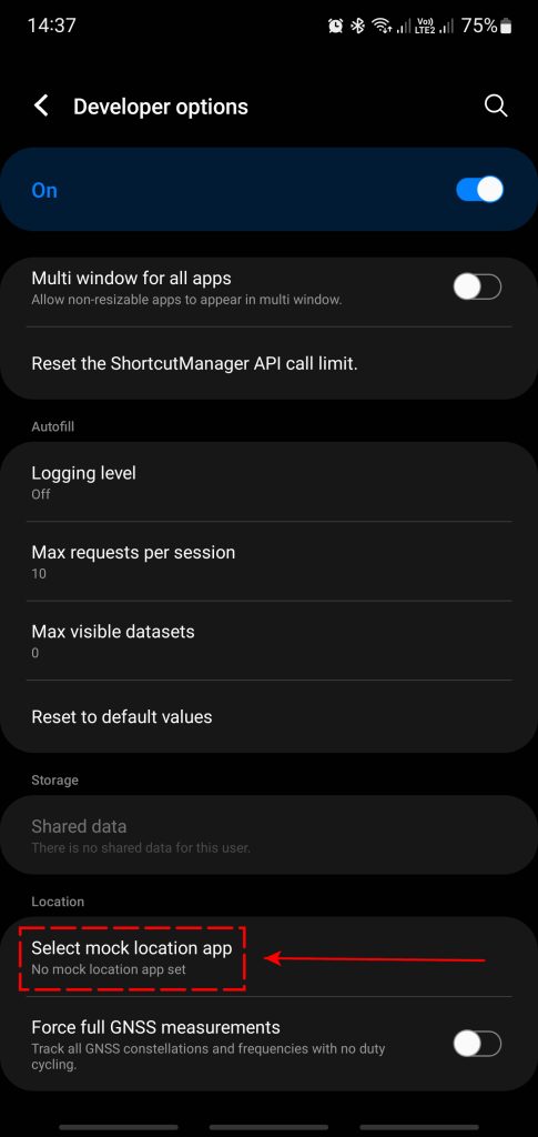 Developer Options select mock location app