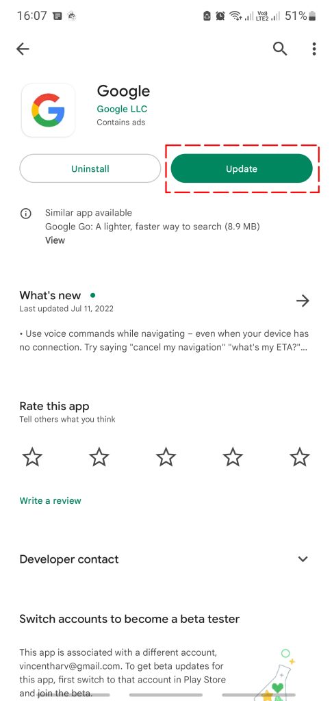 Google app update button