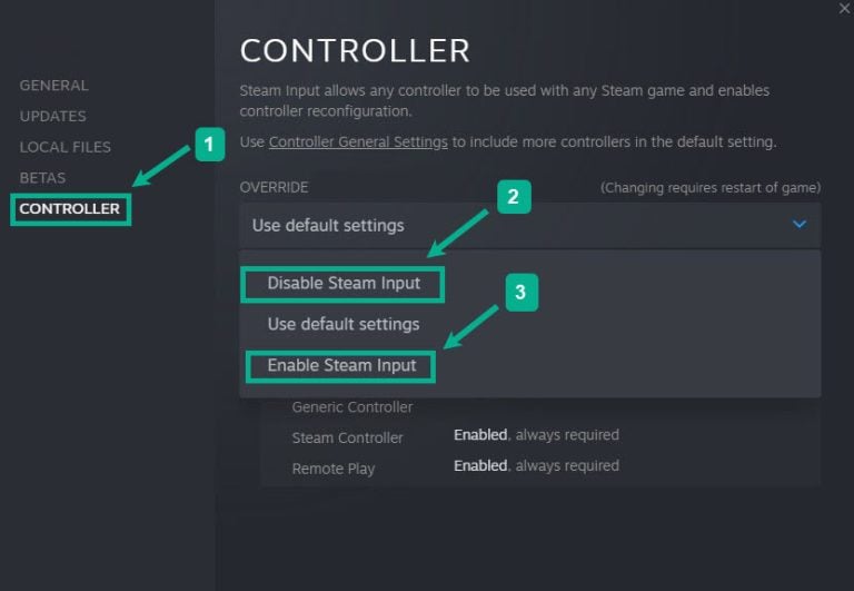 Step 4: Select controller tab then under override click the drop down menu under the word use default settings then select enable steam input.