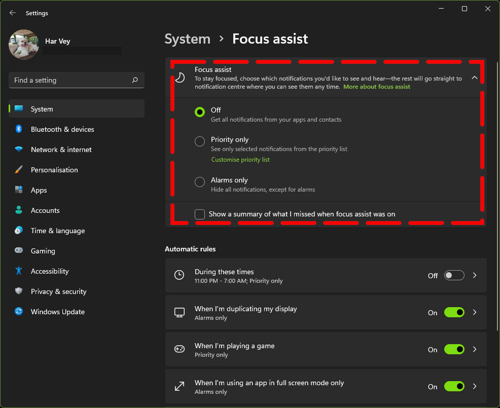Windows settings focus assist