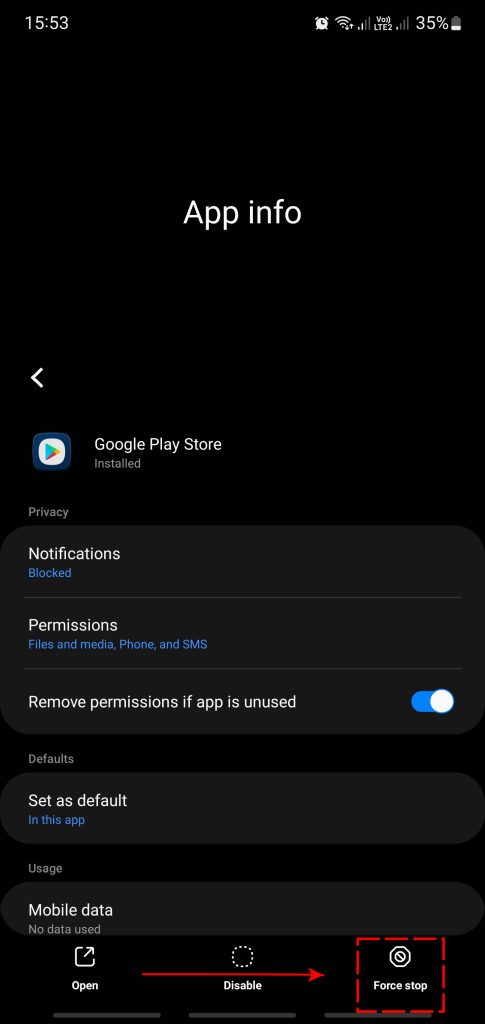 Force stop google play store 1