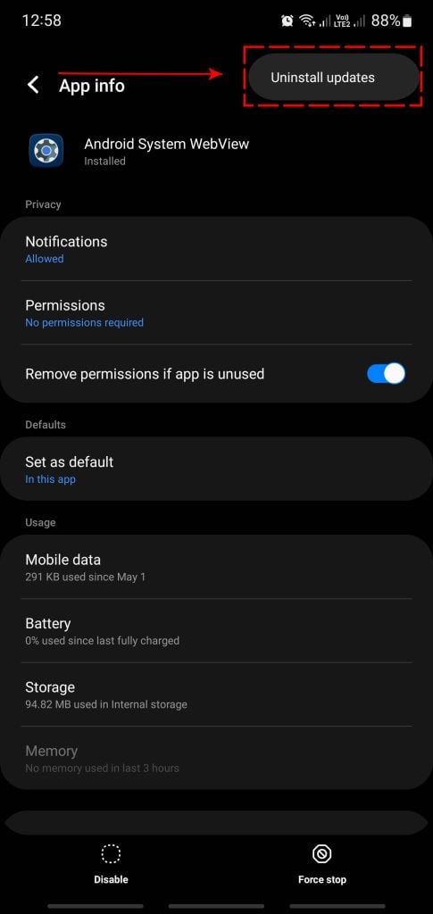 uninstall updates android system webview