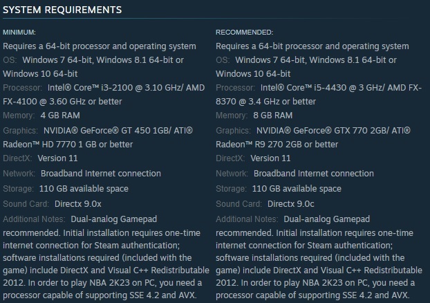 NBA 2K23 system requirements
