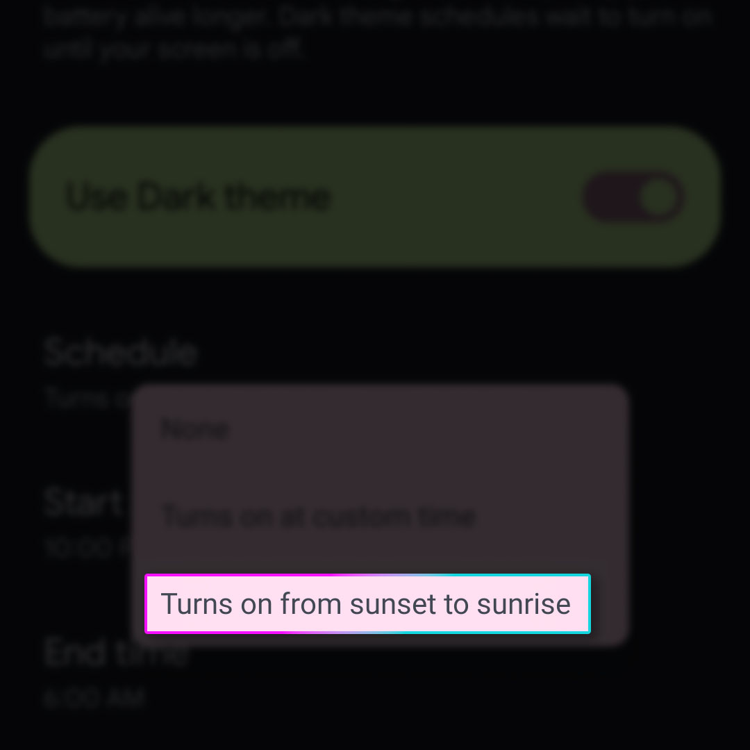 enable schedule dark theme pixel 7 9
