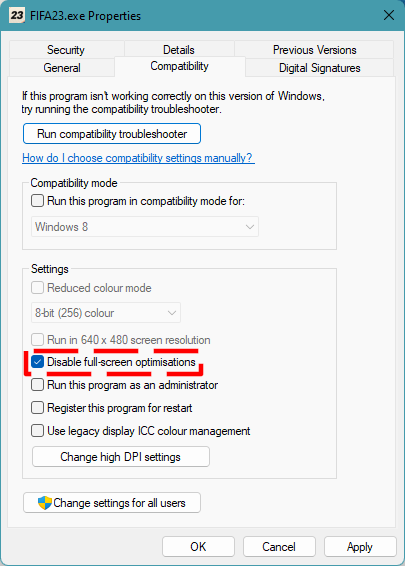 FIFA 23 Disable full screen optimizations
