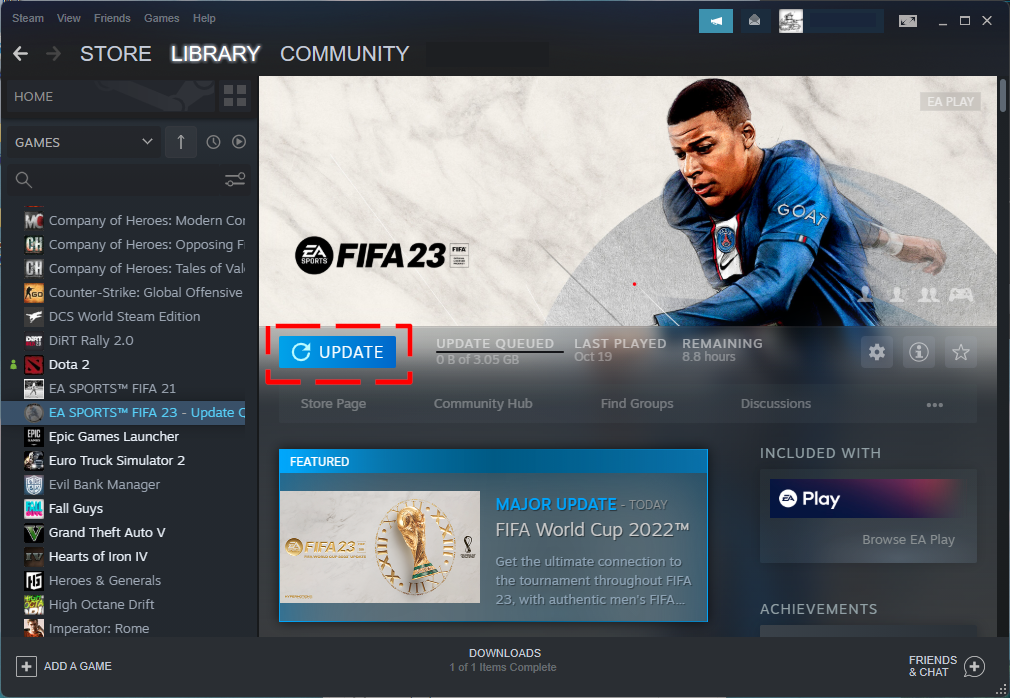 FIFA 23 Update button Steam