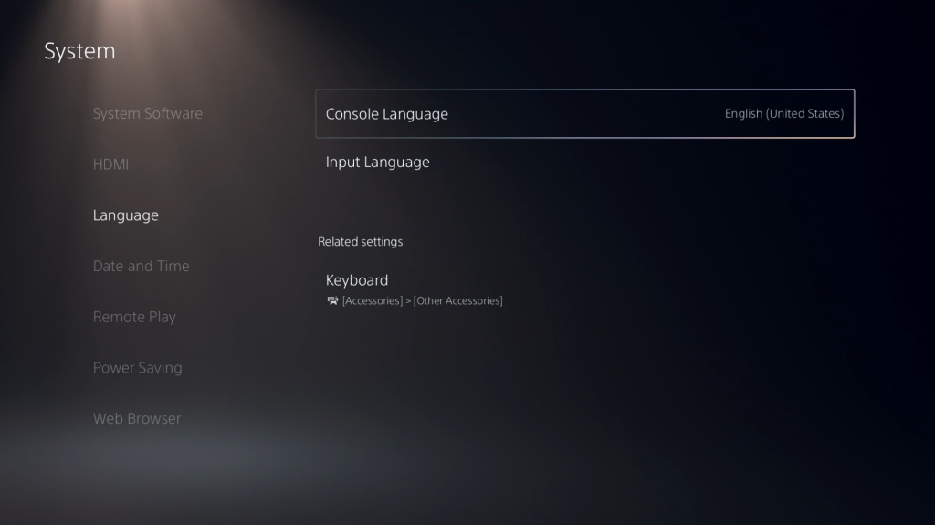 PS5 Select console language