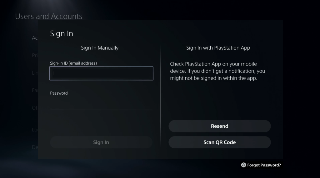 PS5 sign in account