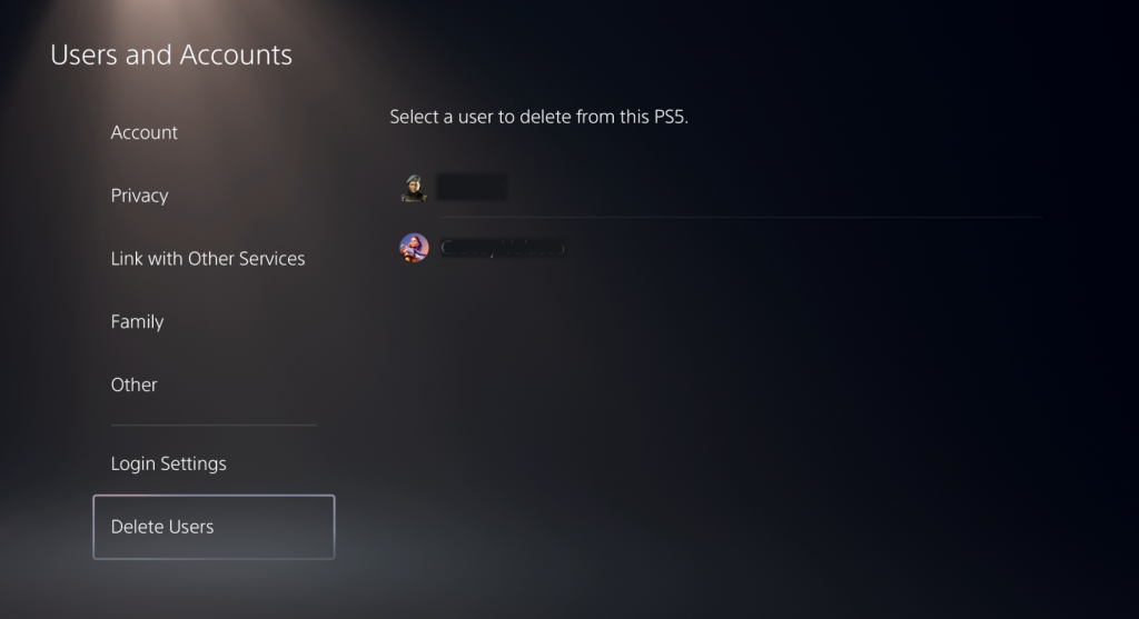 PS5 Delete Users