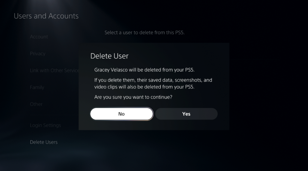 PS5 Delete user