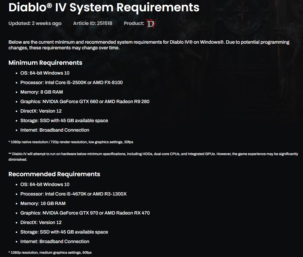 Diablo IV Requirements
