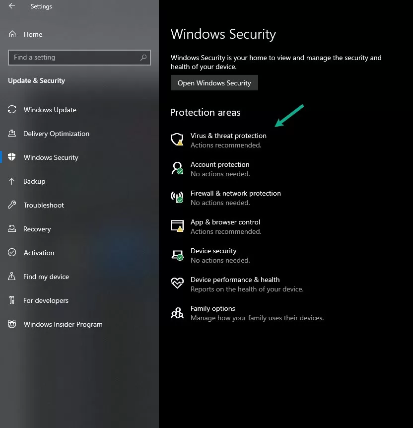 Navigate to Update Security and select Windows Security followed by Virus Threat Protection jpg