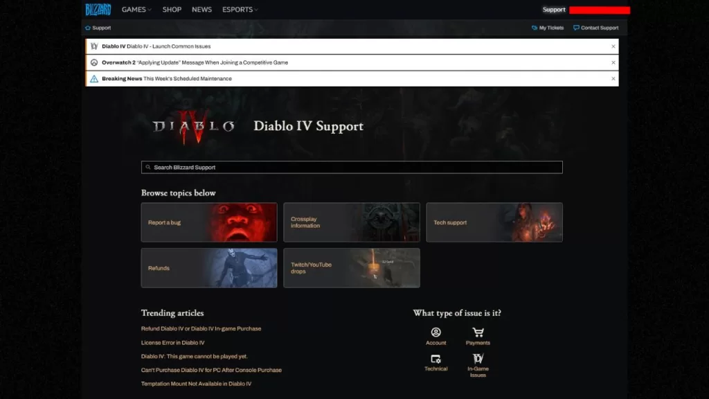 Diablo 4 support site