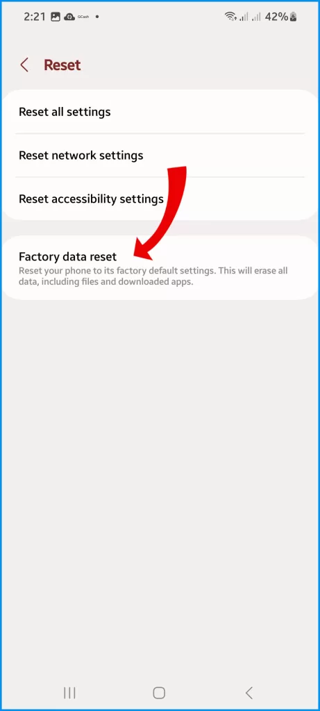 Tap Factory data reset