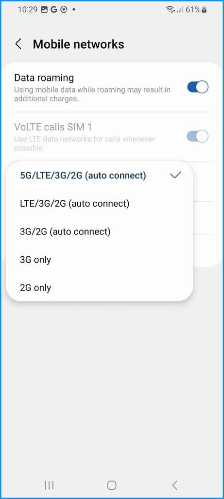 Select LTE/3G/2G to disable 5G
