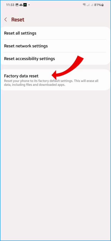 Tap Factory data reset