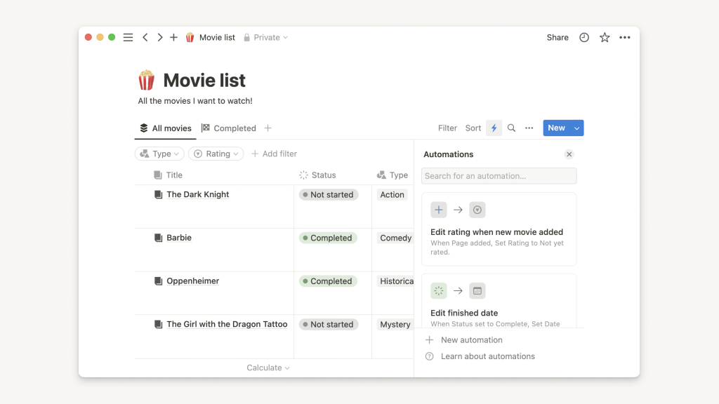 Automate actions in a database