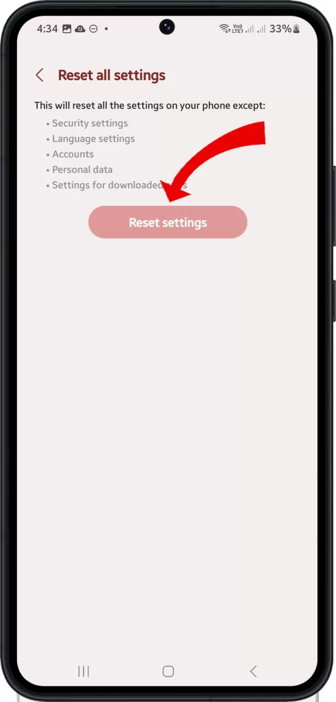 Tap Reset Settings to confirm