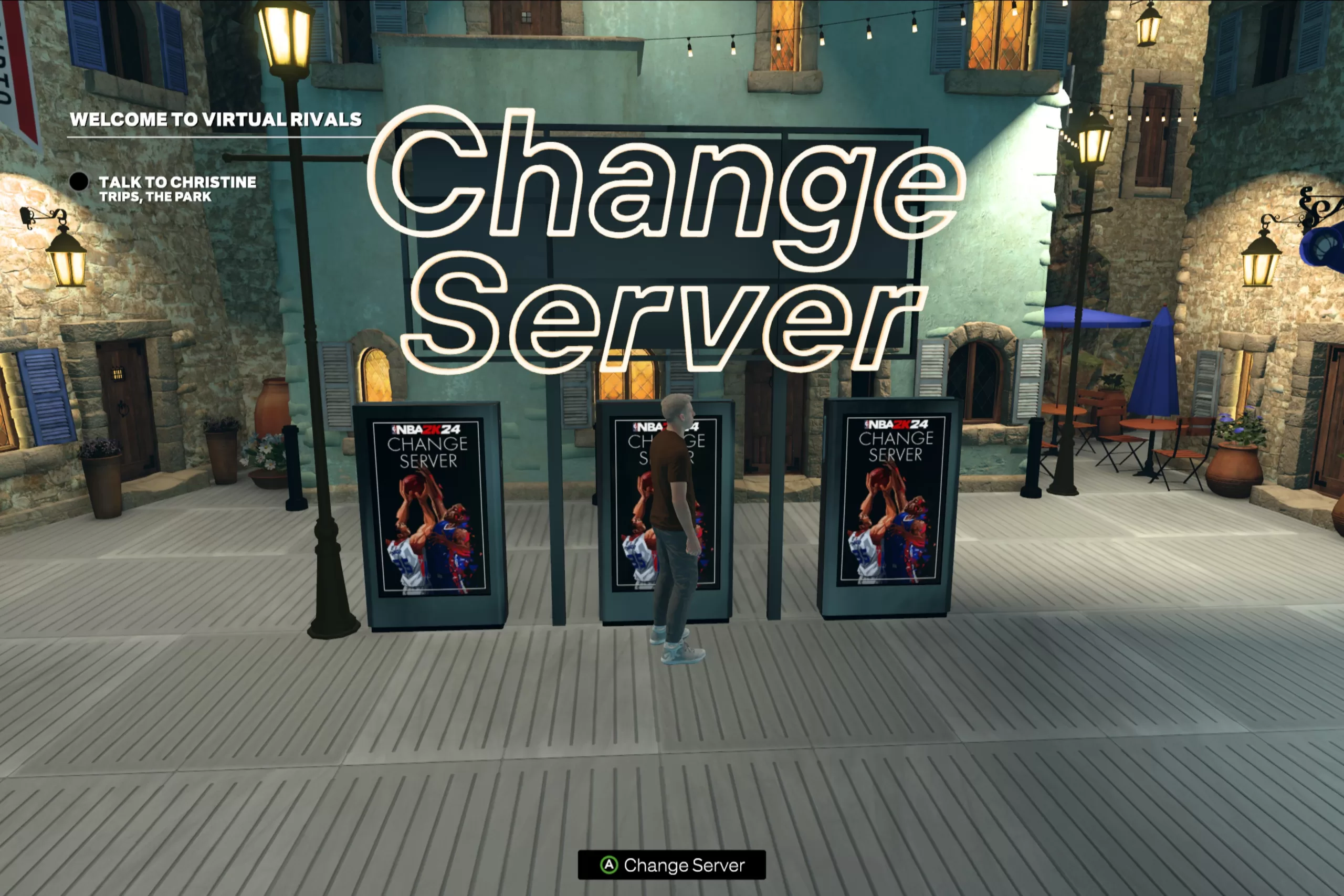 In the playground, find the sign that says Change Server.