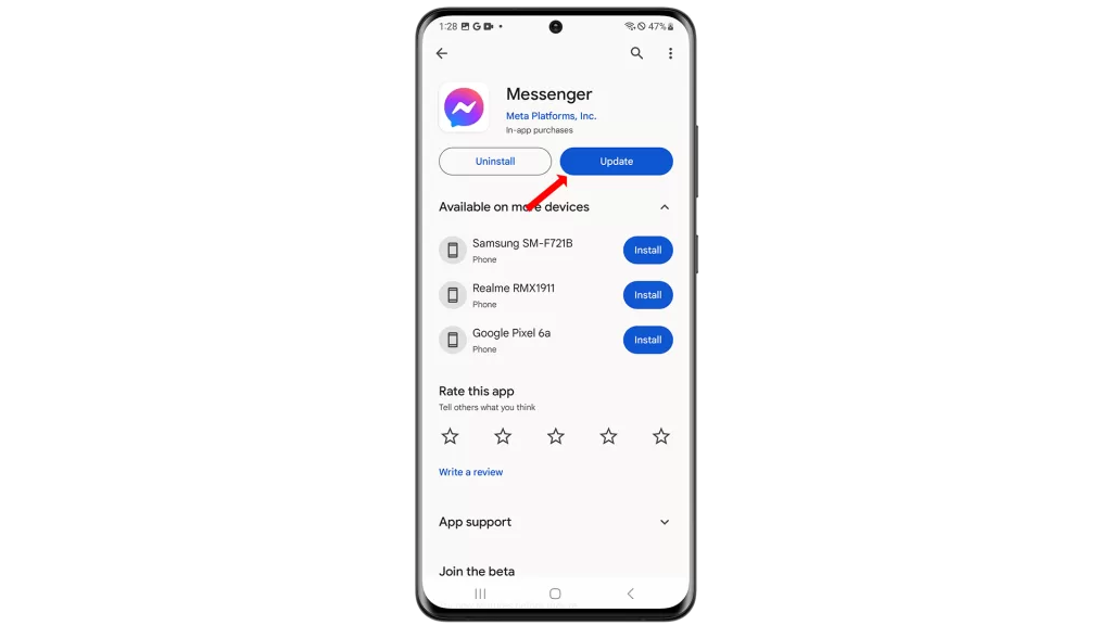 Open the Google Play Store app.

Search for "Messenger".

Tap on the Messenger app listing.

If an update is available, tap on the "Update" button.