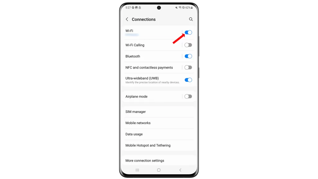 Make sure that Wi-Fi is enabled on your phone. To do this, go to Settings > Connections > Wi-Fi. Then, make sure that the switch next to "Wi-Fi" is turned on.