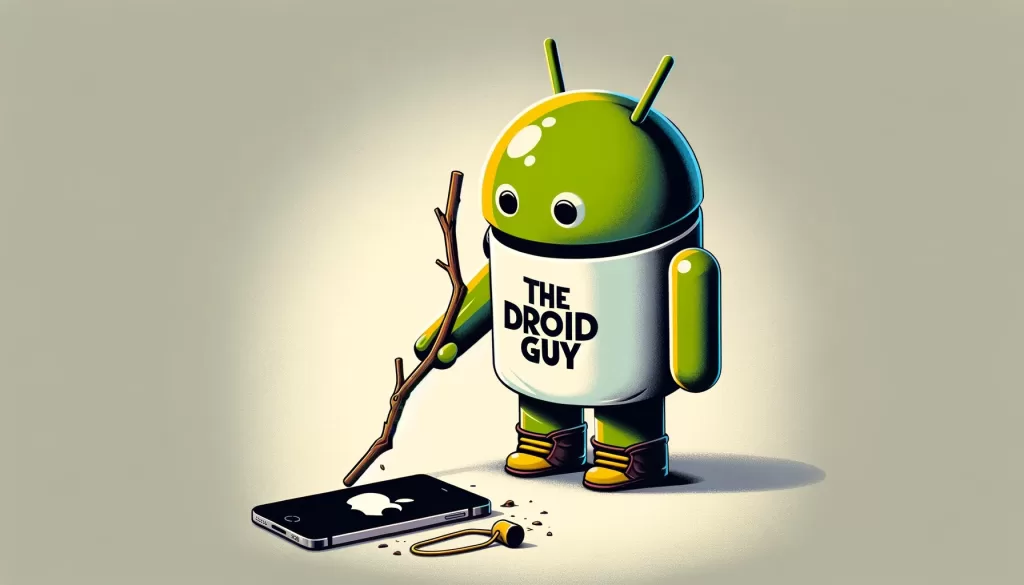 Illustration of an Android robot character, styled with personality and flair, wearing a unique T-shirt emblazoned with the phrase "The Droid Guy." The robot is playfully holding a branch stick, which it uses to gently poke at an iPhone lying on the ground, depicted with a minimalist logo to imply its identity without direct reference. The scene is playful and provokes curiosity, inviting viewers to interpret the interaction between the animated Android and the inanimate iPhone. The colors are contrasting and vivid, with the focus on the central narrative of the Android robot's lighthearted curiosity towards its counterpart.